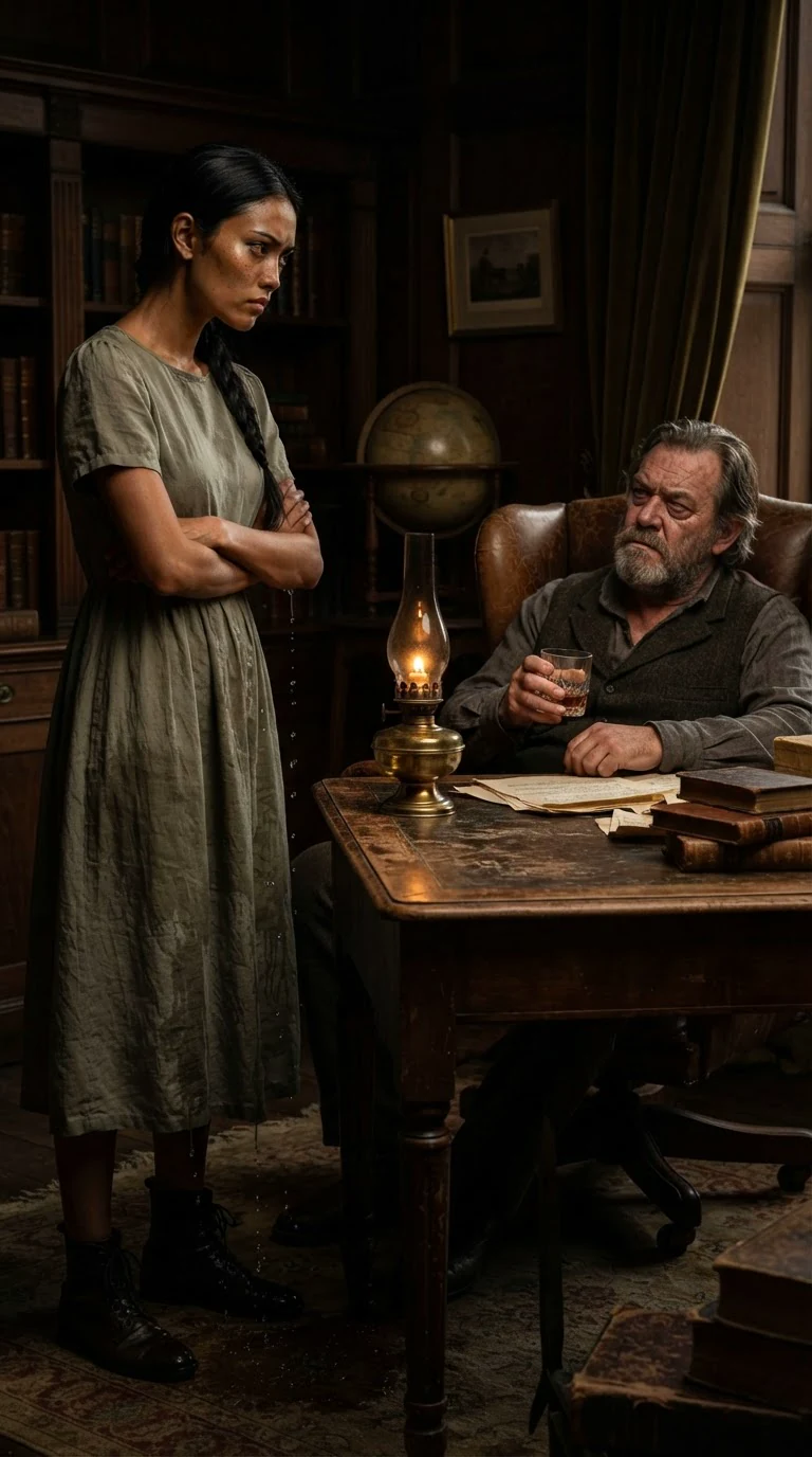 The woman stands with her arms crossed, glaring at her father across the desk.