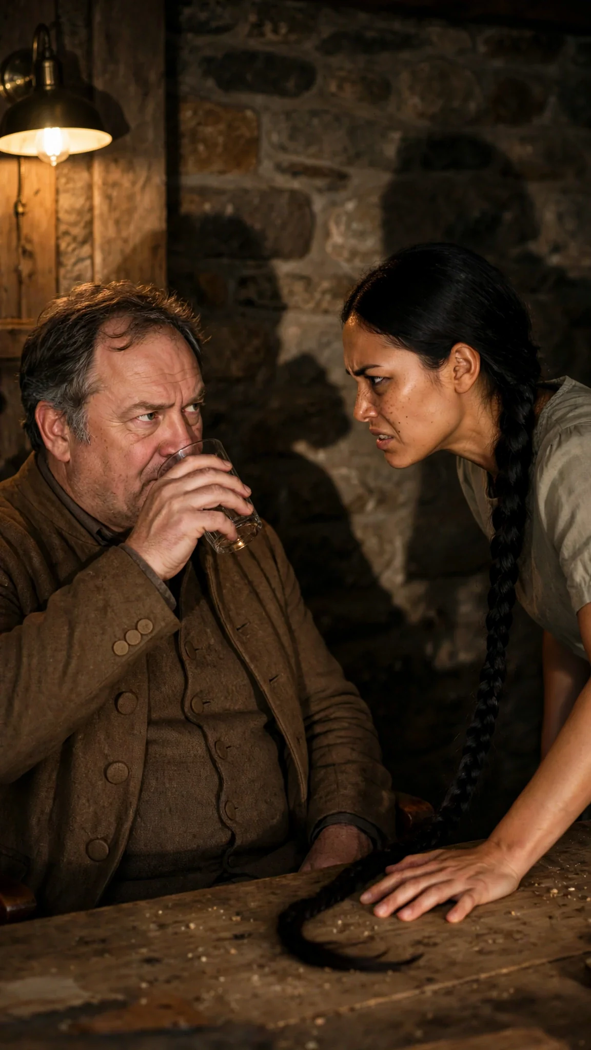 Father and daughter face each other, him calm, her furious and shaking.