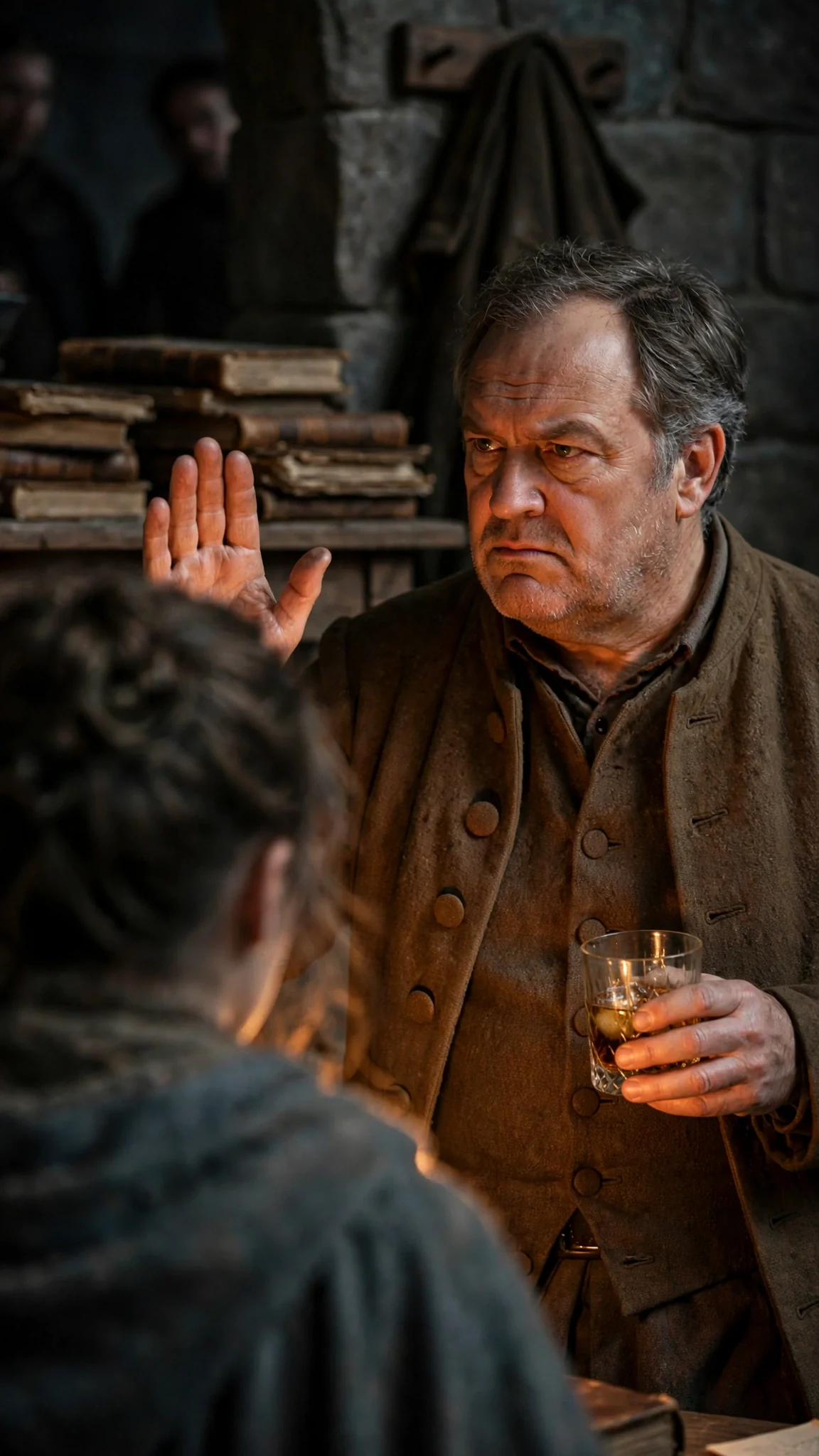 The older man shrugs, dismissing his daughter with a flick of his fingers.