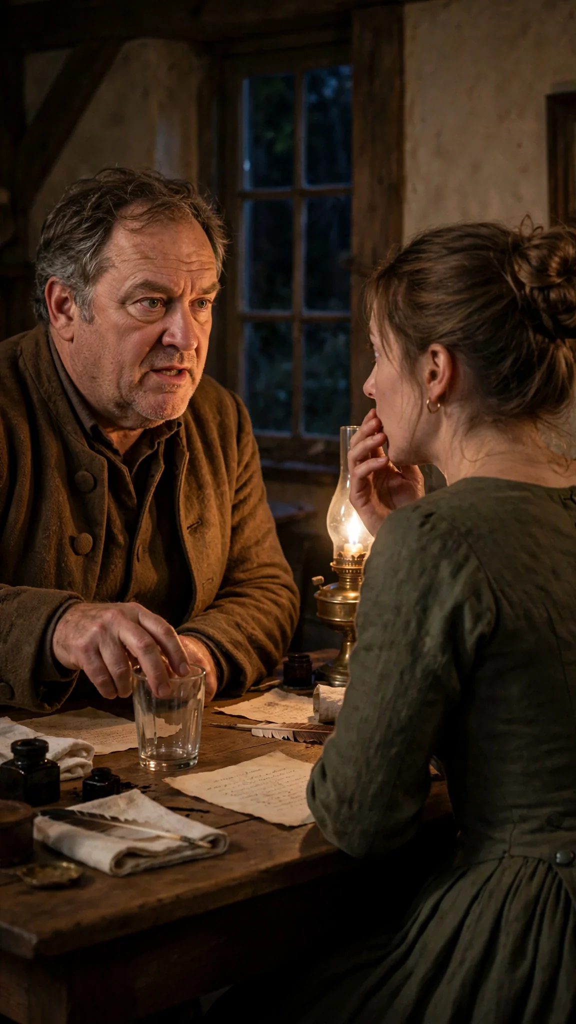 The father delivers the threat flatly, his glass resting on the desk, his daughter frozen.
