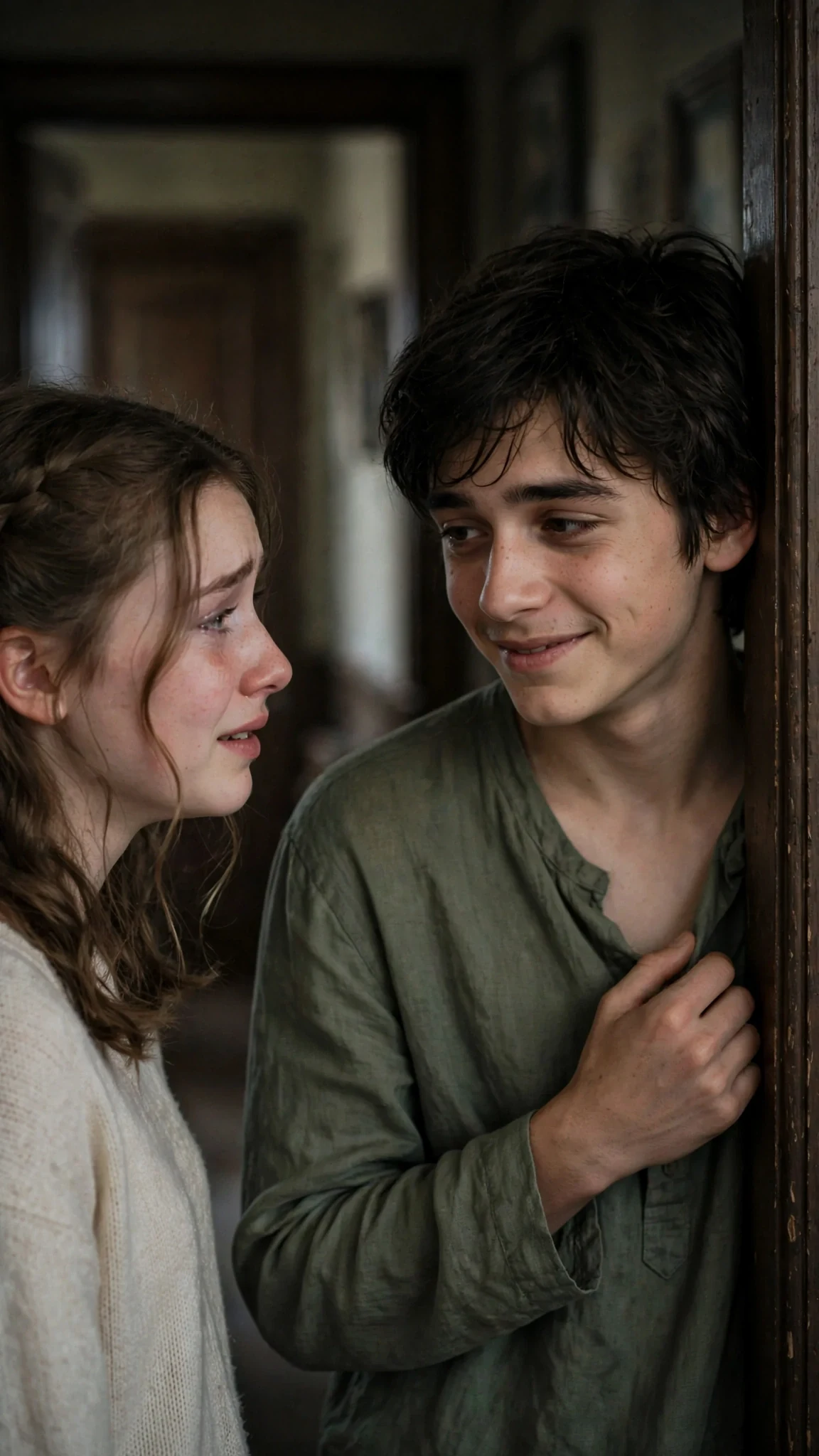A thin teenage boy leans against the doorway in a loose shirt, trying to look fine.