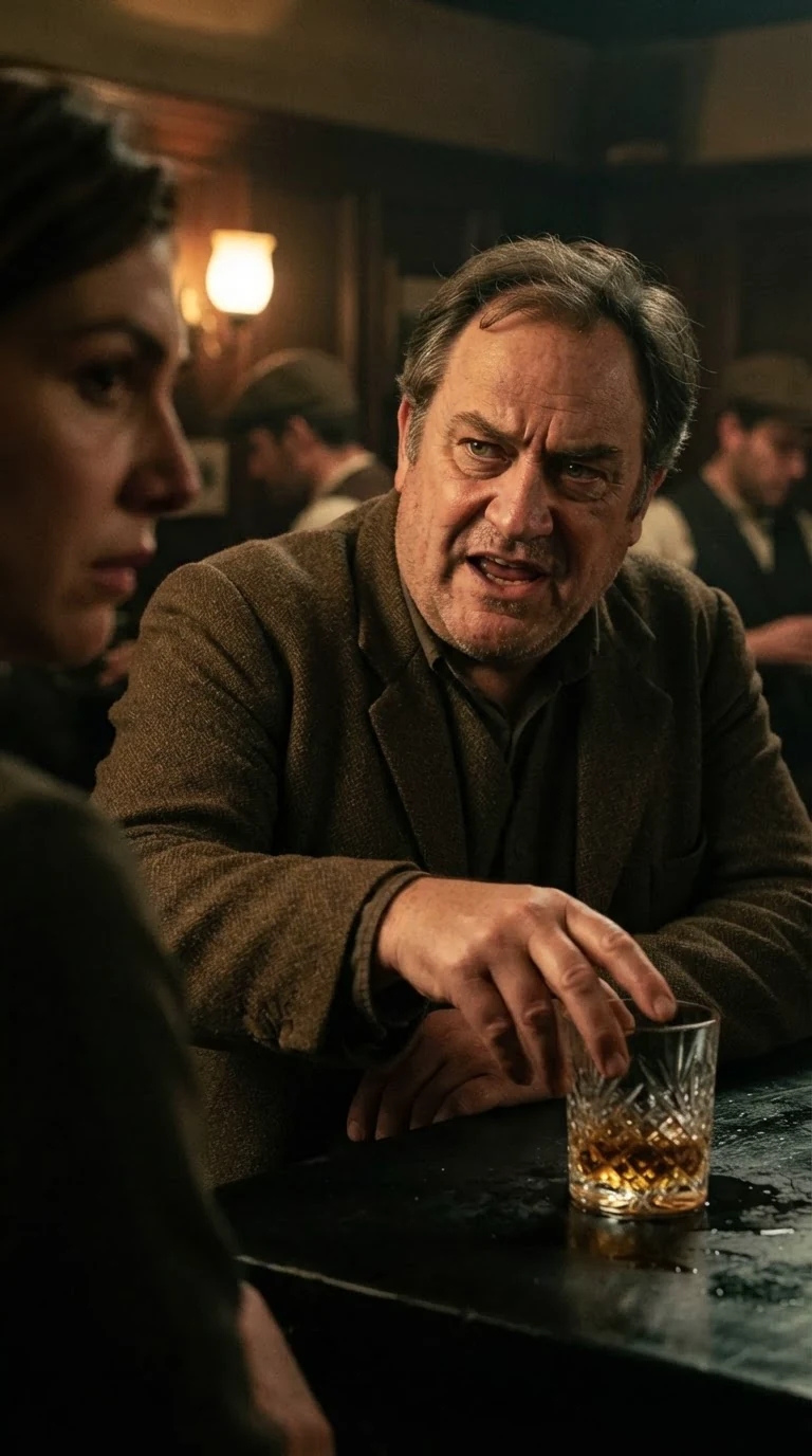 The older man says something crude about a husband's rights while the woman's stomach drops.