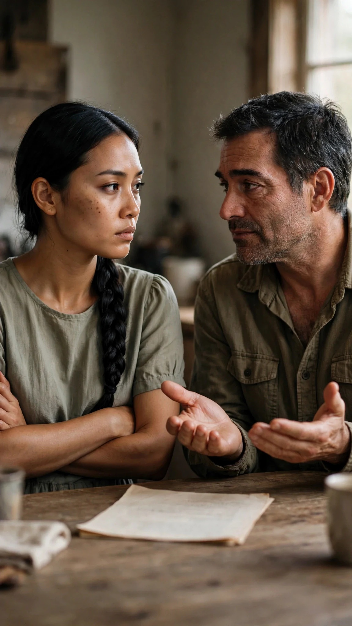 The daughter asks a bare question and her father answers it without flinching.