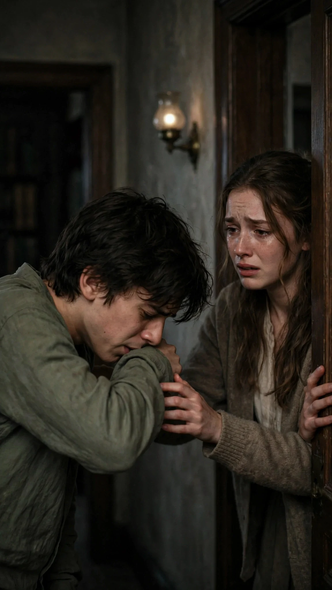 The thin boy doubles over coughing into his sleeve while his sister watches, her face collapsing.