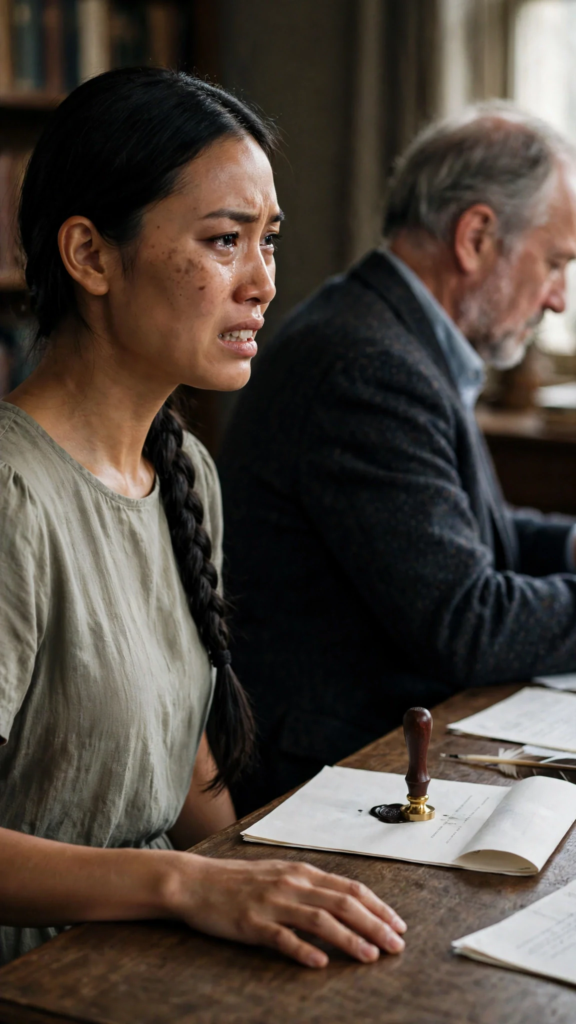 The daughter speaks low across the desk, beaten and burning at the same time.