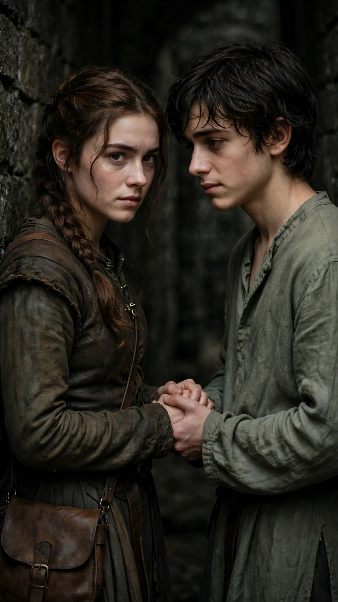 Brother and sister stand close in a dim hall, her hands on his shoulders.