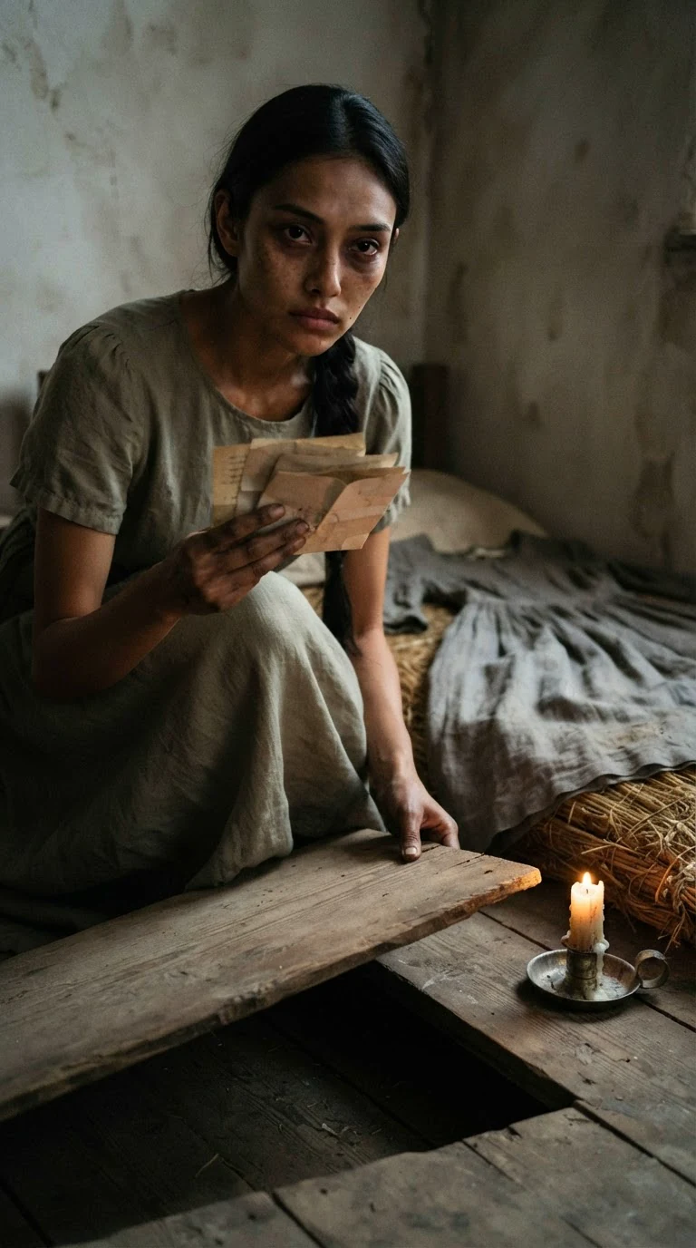 The young woman kneels by a loose floorboard in a small room, hiding folded letters beneath it.
