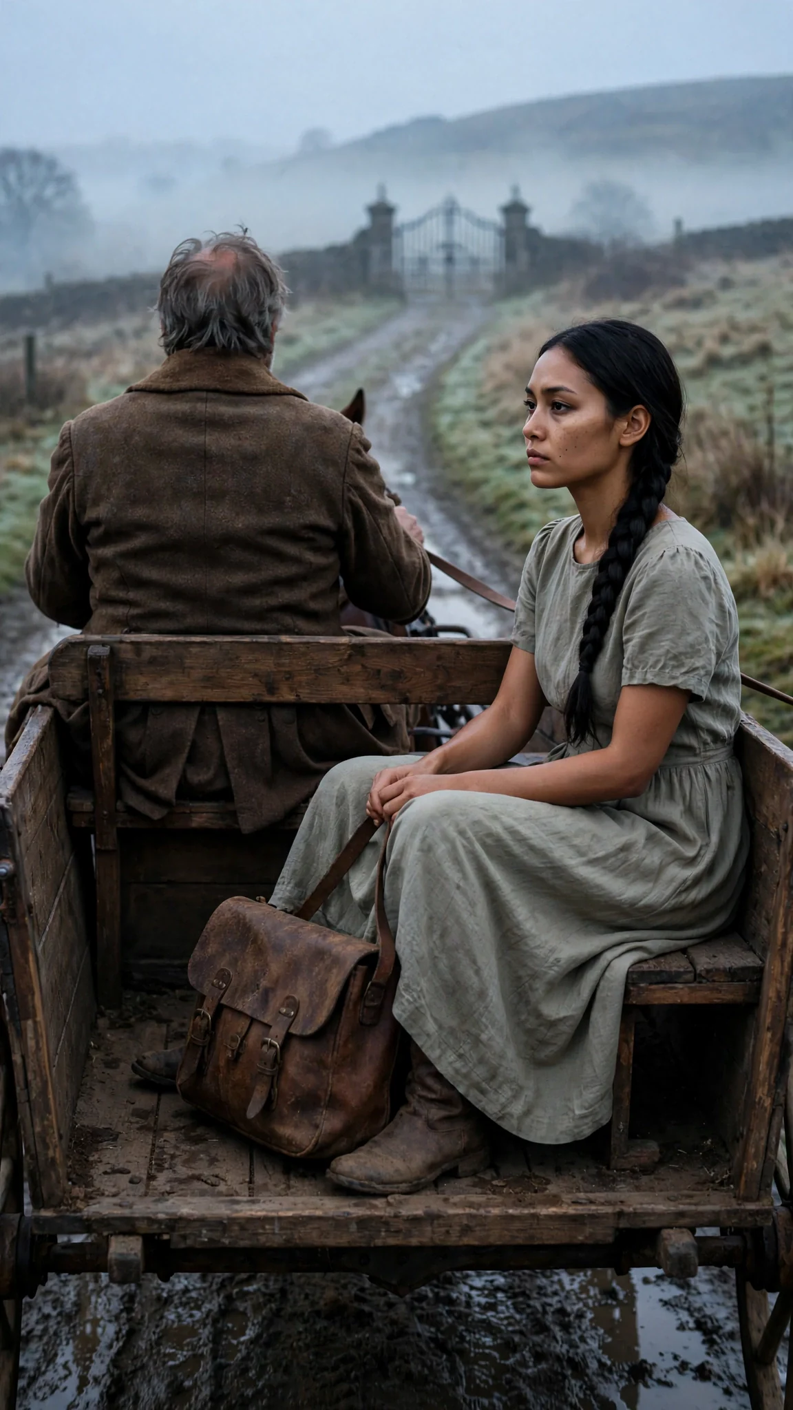 A young woman in a gray dress sits in the back of a cart at dawn, holding a worn leather satchel, as her father drives toward a stone gate.