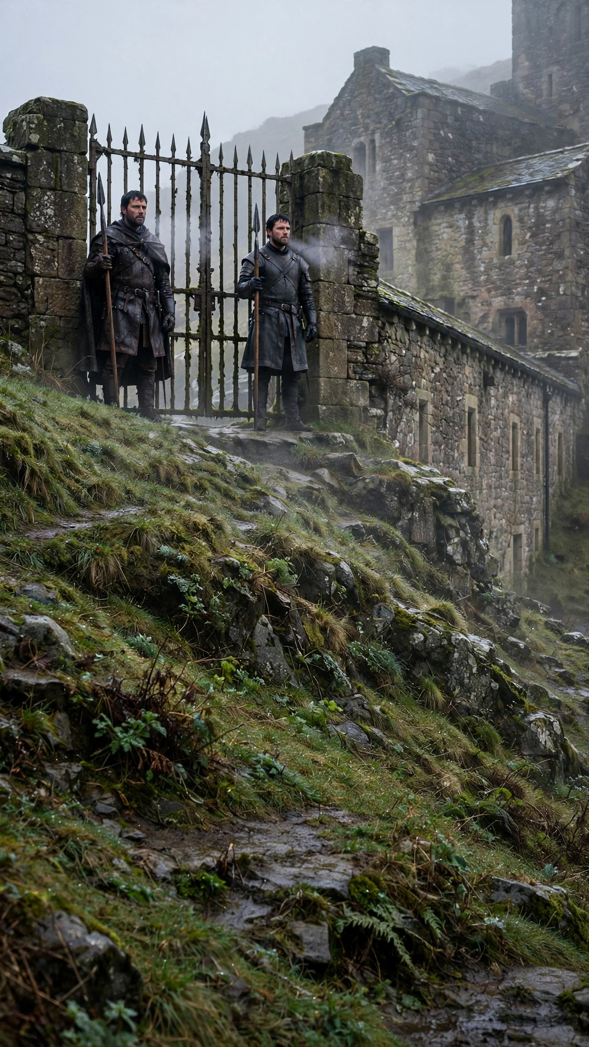 An iron gate set in old stone posts on a hill, two guards standing at attention in the cold morning light.