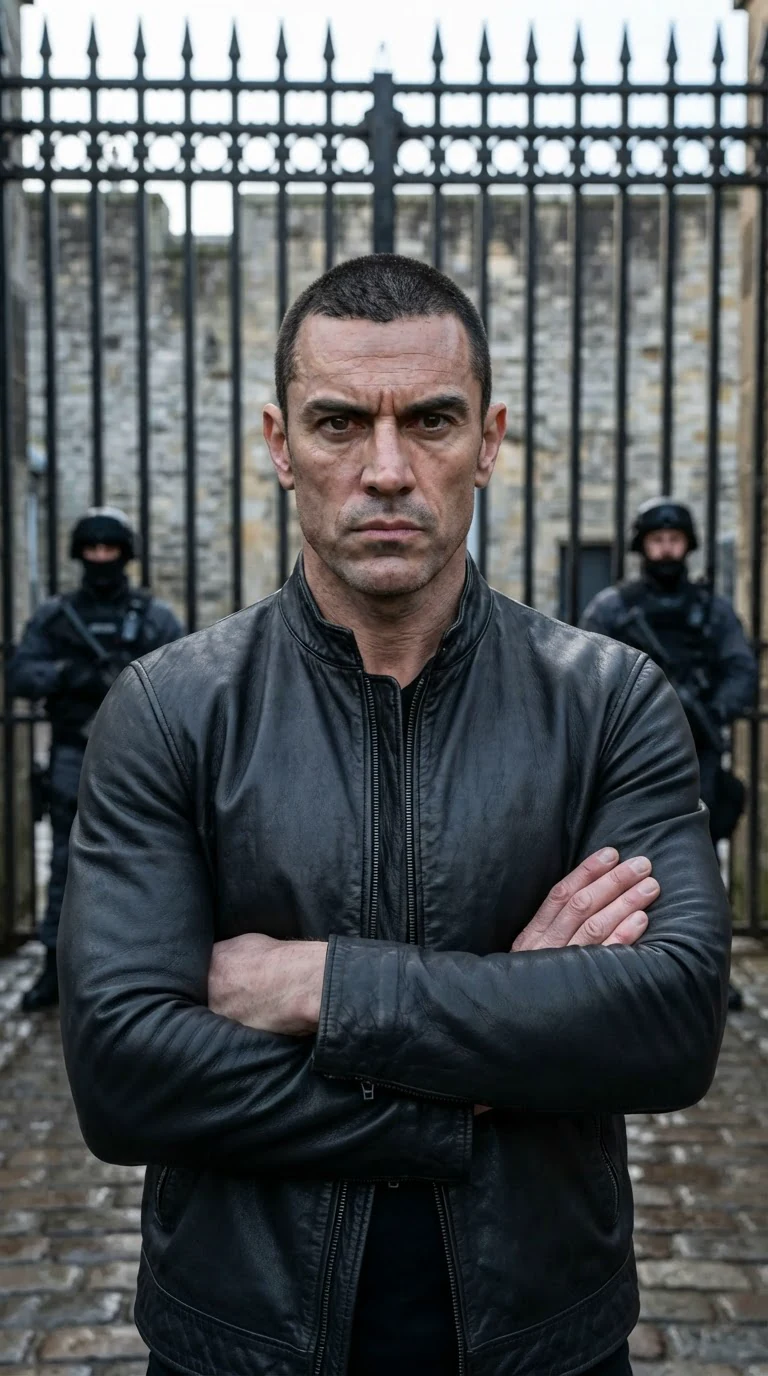 A muscular Beta with close-cropped dark hair and hard brown eyes stands with arms crossed by the gate, staring at the arriving cart.