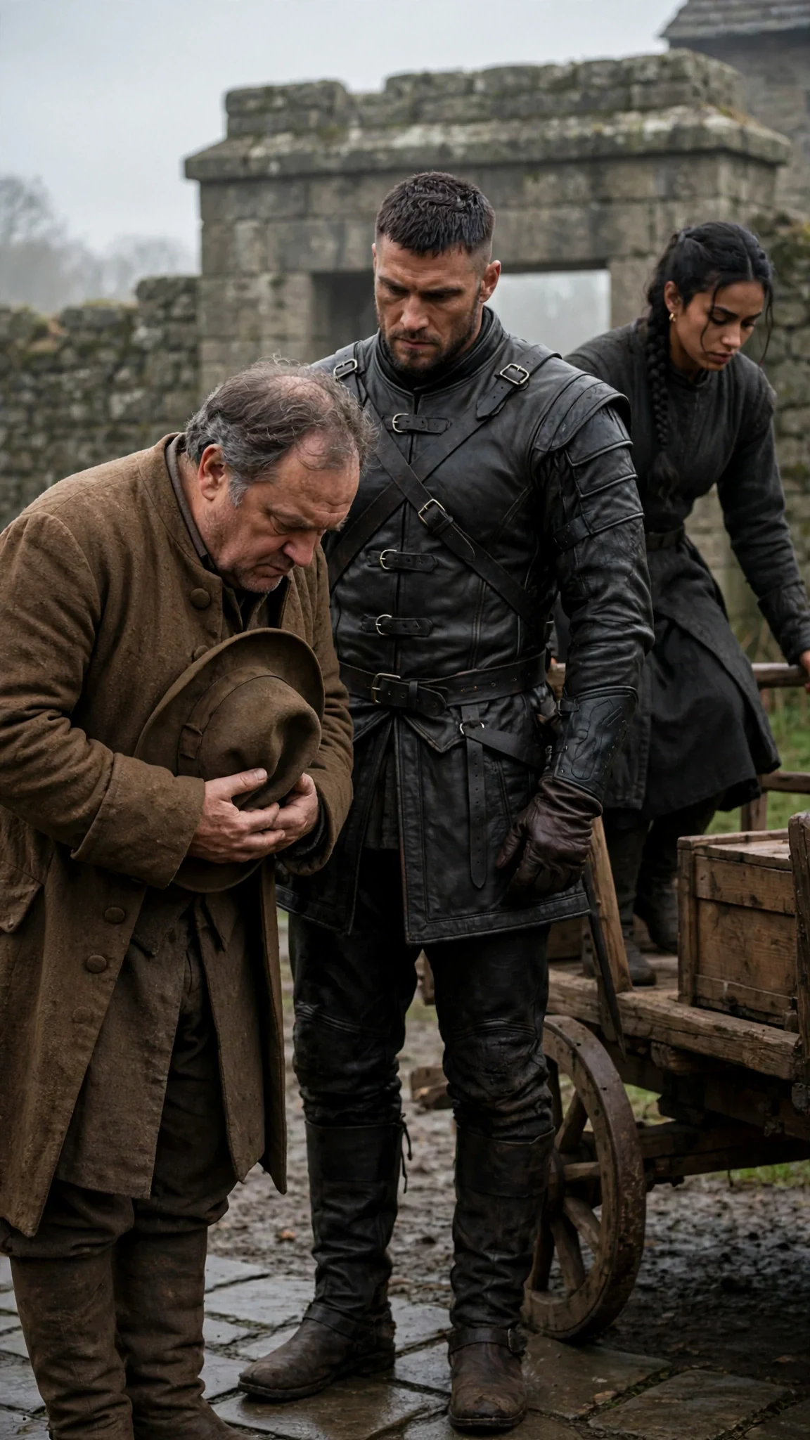 A heavy older man in a brown coat clutches his hat and bows his head before the Beta, while his daughter climbs down from the cart behind him.