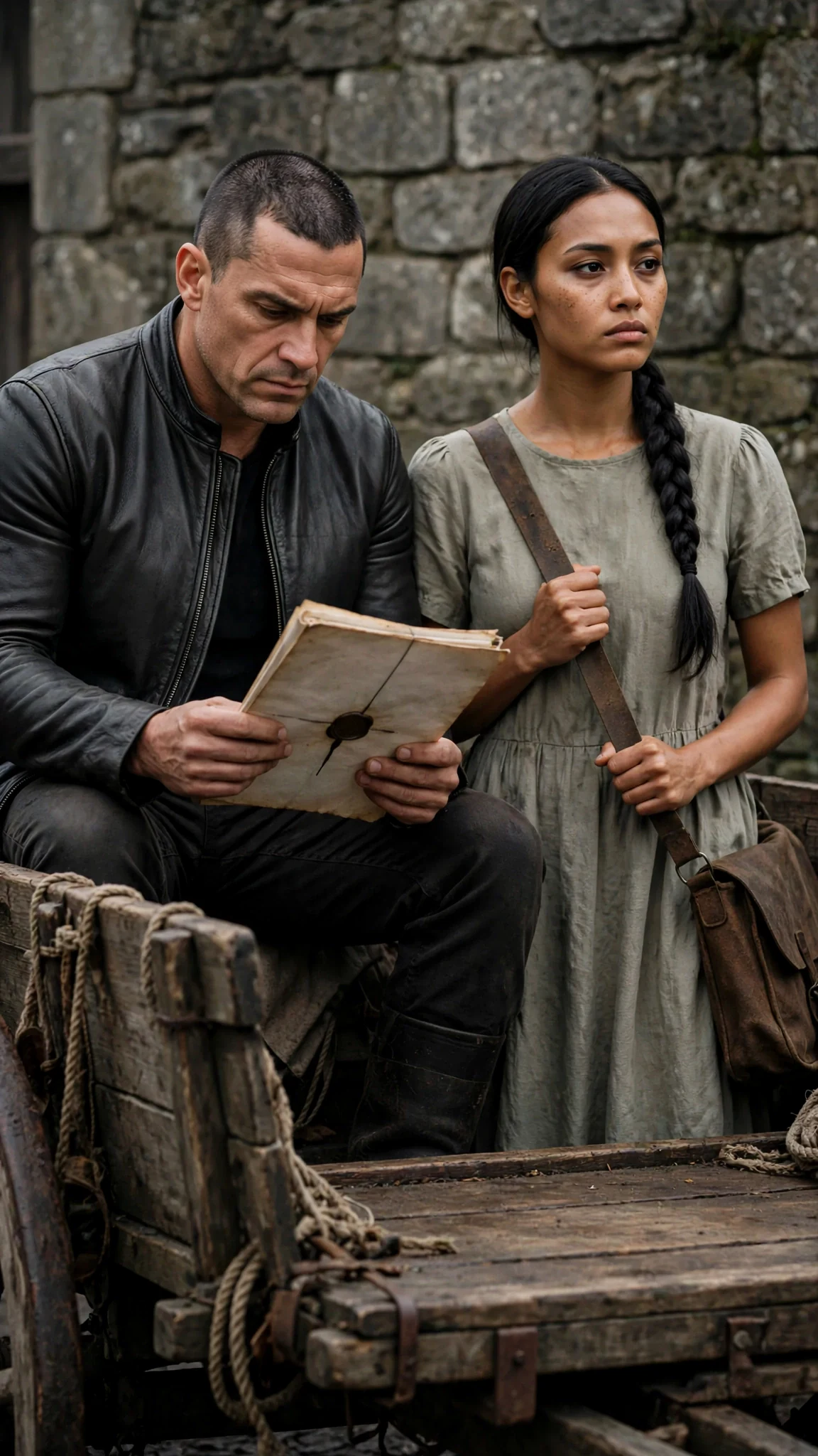 The Beta reads a sealed document on the cart's tailboard while the young woman stands stiffly, hands on her satchel strap.