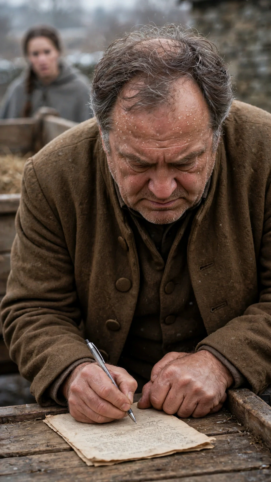 The father signs a document on the cart's tailboard, his shaking hand steadied by his other hand.