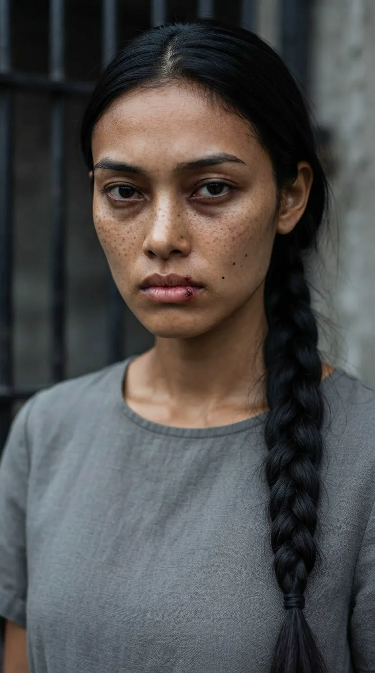 The young woman stands rigid, staring at the signed document, her jaw tight and eyes hard.