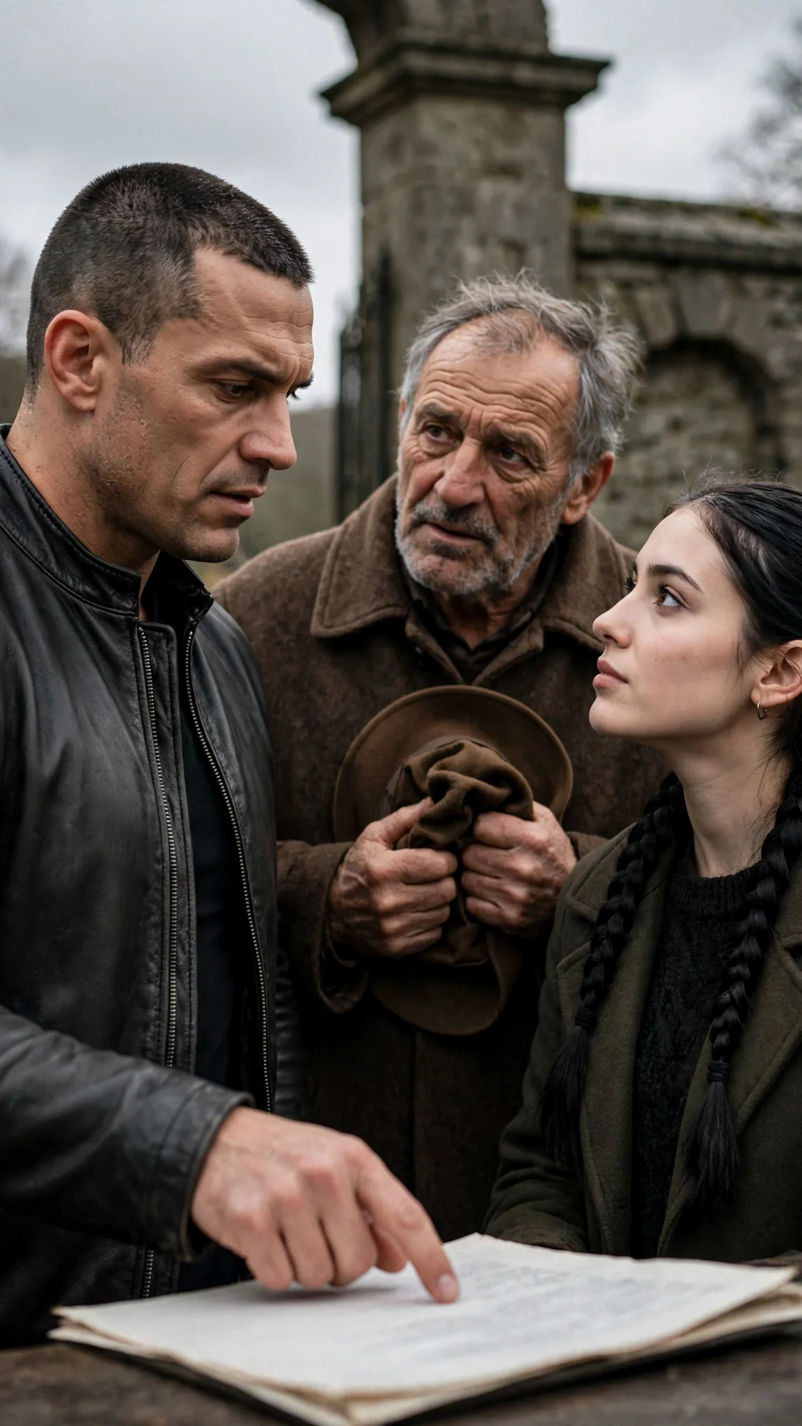 The Beta taps the signed paper and speaks to the father, who nods eagerly, while the young woman listens.