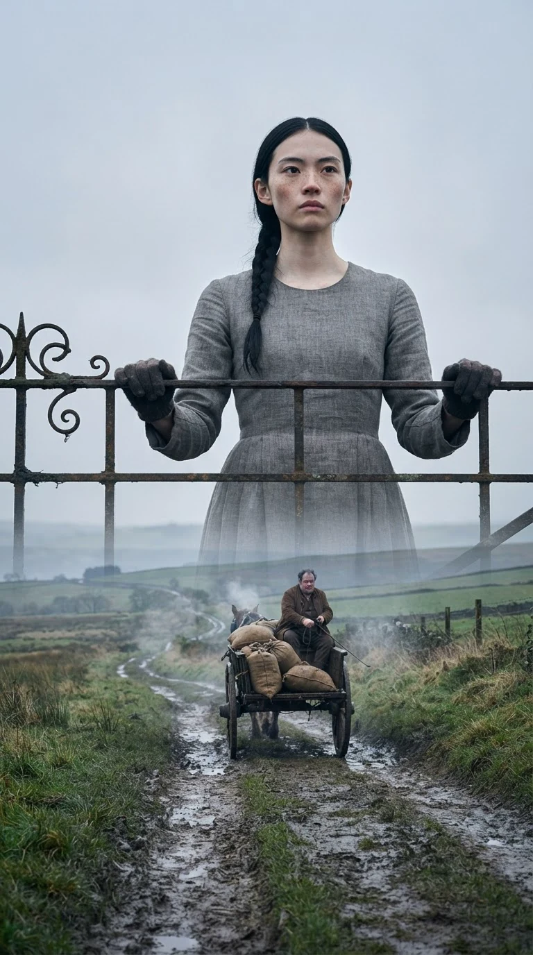 The cart rolls away down the hill while the young woman watches from the gate, alone.
