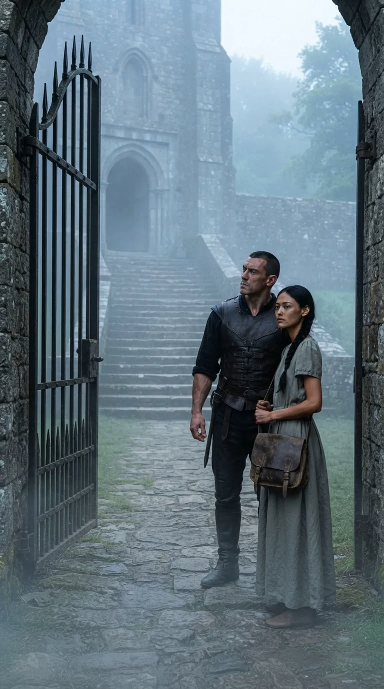 The heavy iron gate swings open, revealing a stone courtyard and steps, the Beta jerking his head toward it.