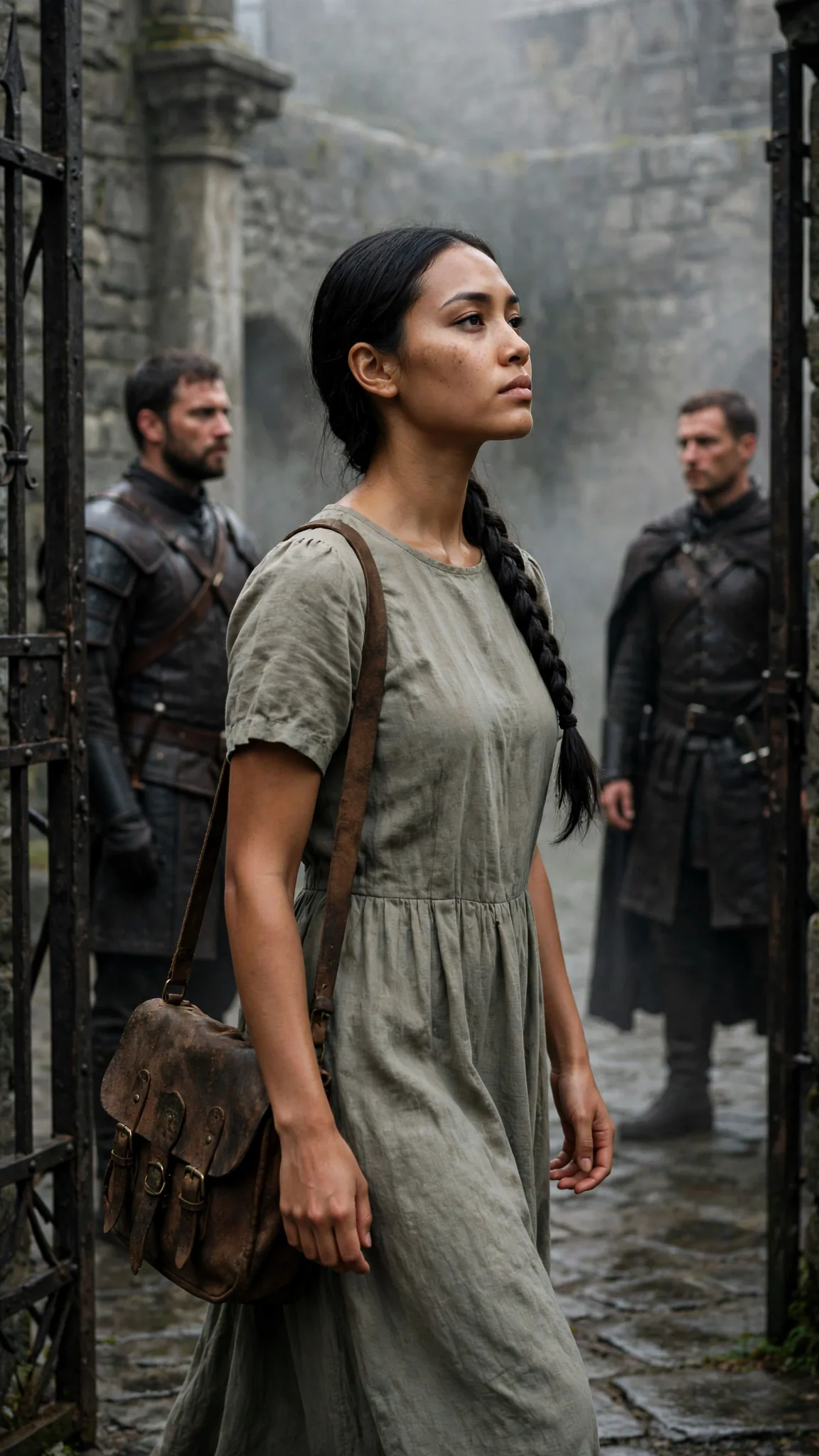 The young woman walks alone through the open gate with her satchel, guards watching her pass.