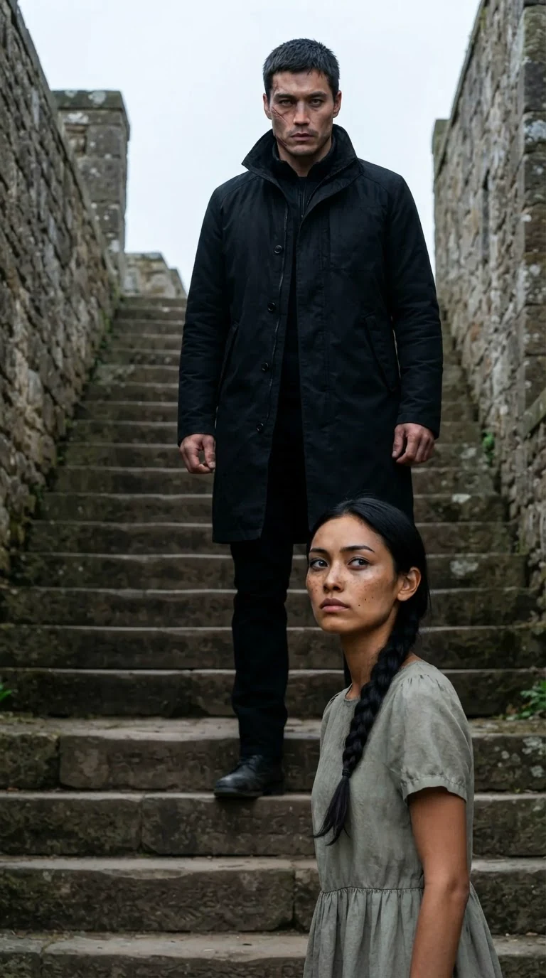 At the top of the hall steps, a tall scarred Alpha in a dark coat watches her, then turns and goes inside.