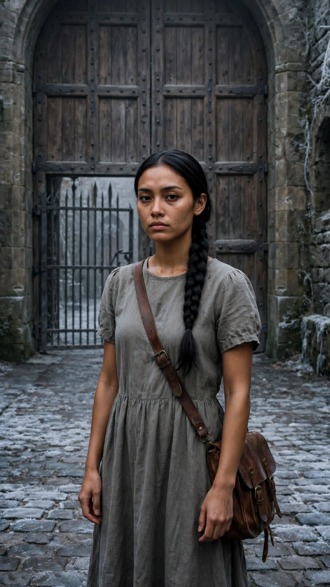 The young woman stands alone in the stone courtyard as the gate closes behind her, the hall doors ahead.
