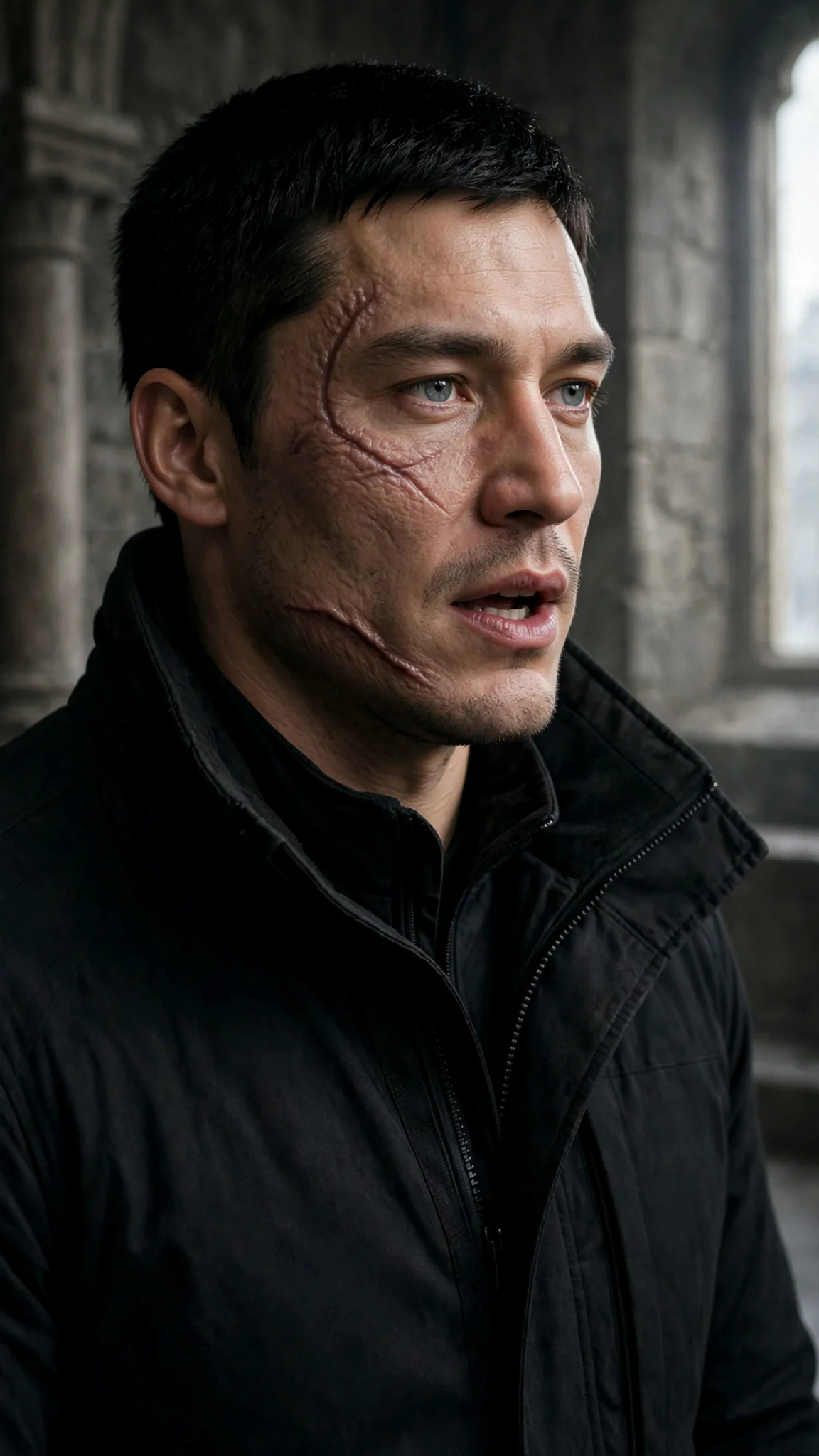 Bastian gives a quiet order with his scarred face half in shadow.