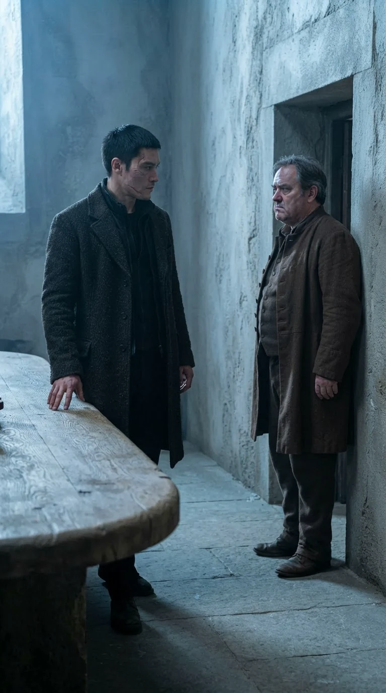 Bastian steps around the table toward the frightened older man.