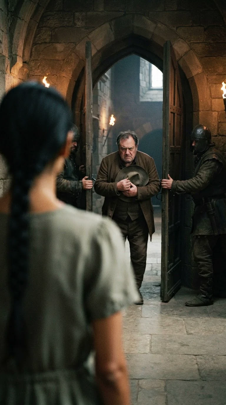 Hobart backs out of the hall, bowing, without looking at his daughter.