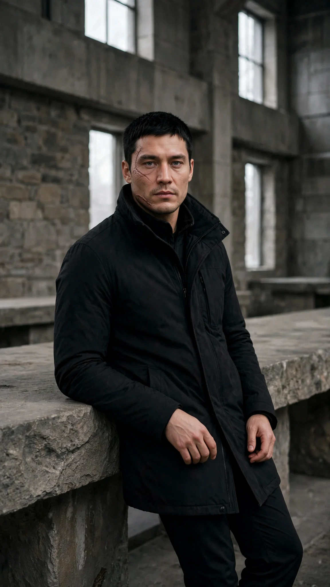 Bastian waits in silence, arms loose at his sides.