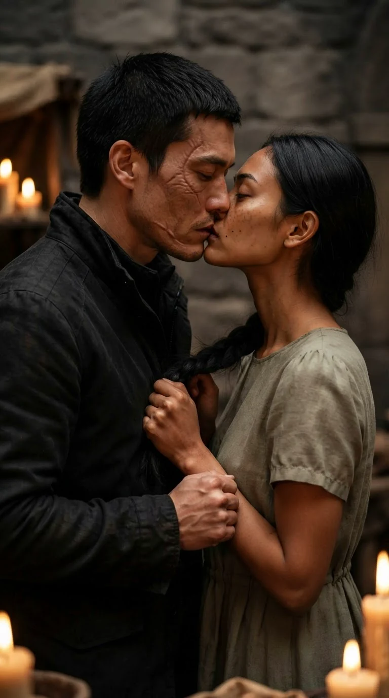 Their first kiss, her hands gripping the front of his dark coat.