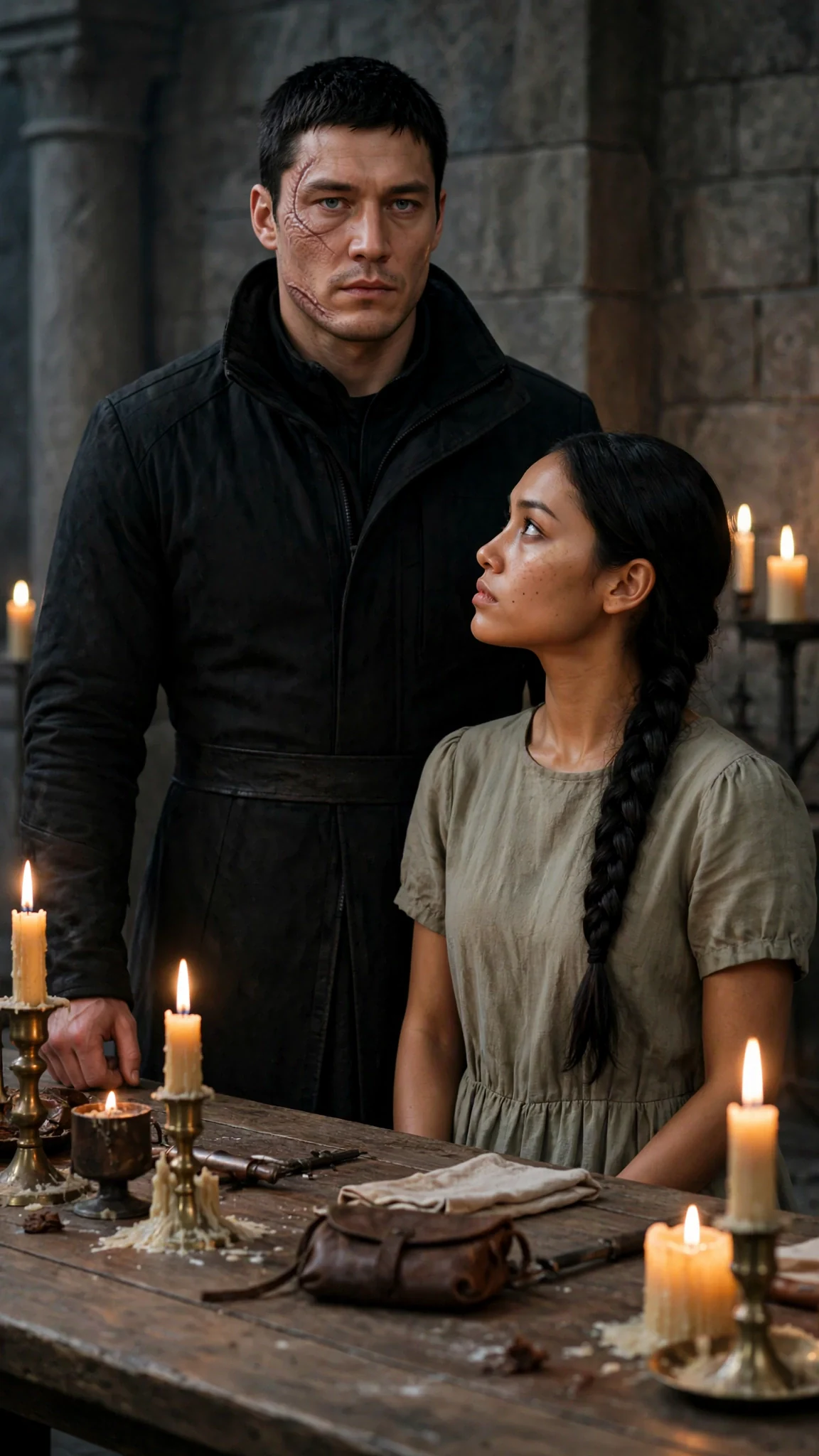 A scarred Alpha and a young woman stand apart in a cold stone hall after a kiss.