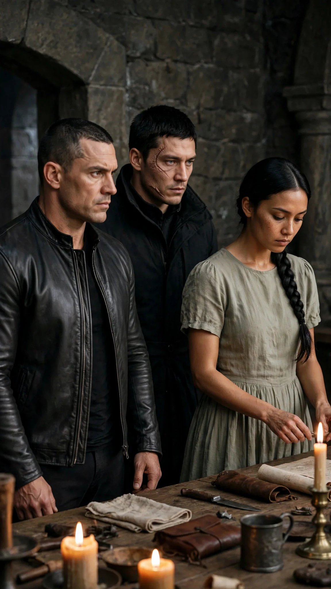 A broad Beta in dark leathers enters the hall while the Alpha watches the heroine.