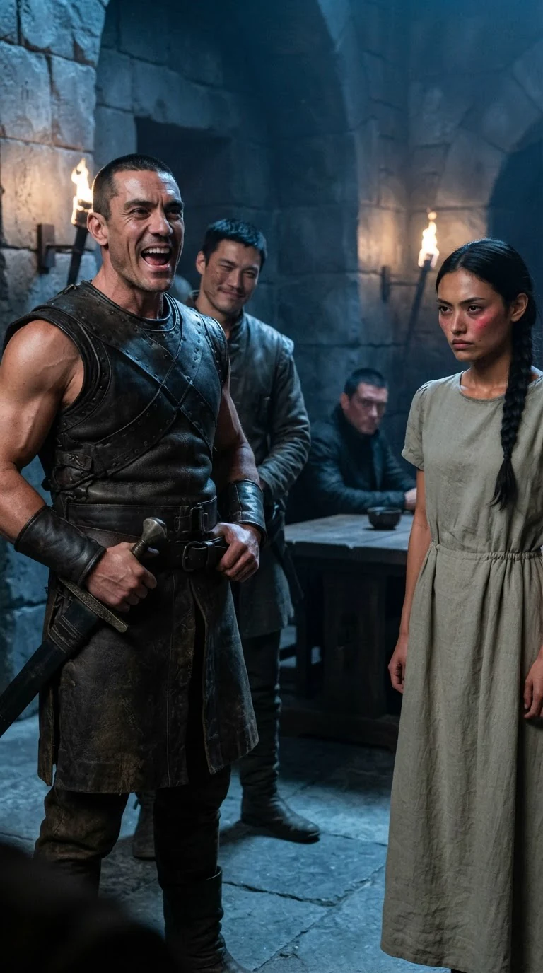 The Beta laughs crudely while a guard smirks and the heroine's face burns.