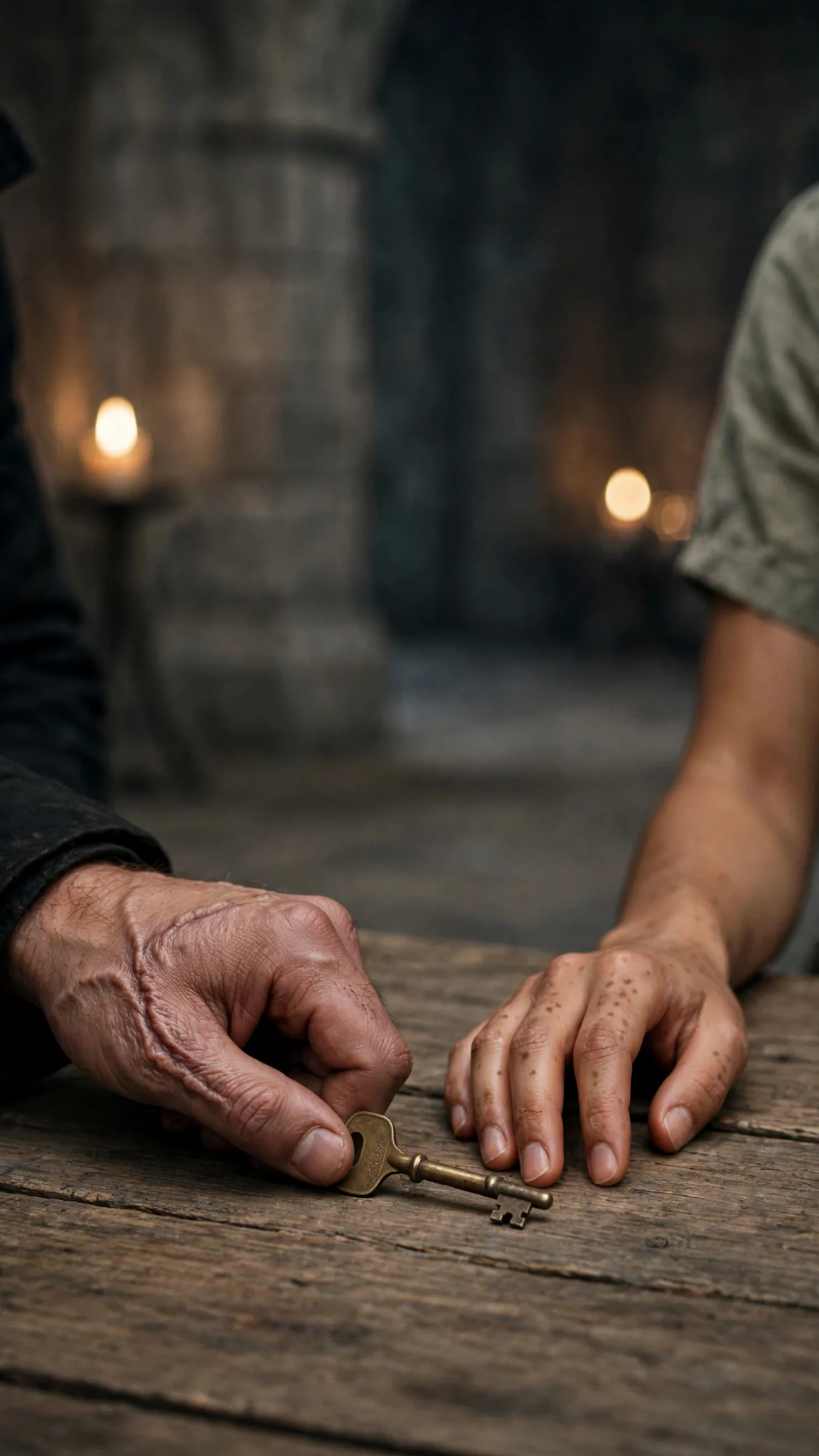 A brass room key scrapes across the wooden table toward the heroine's hand.