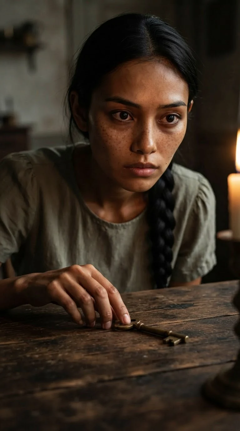 The heroine touches the cold brass key, her face lit by cautious hope.
