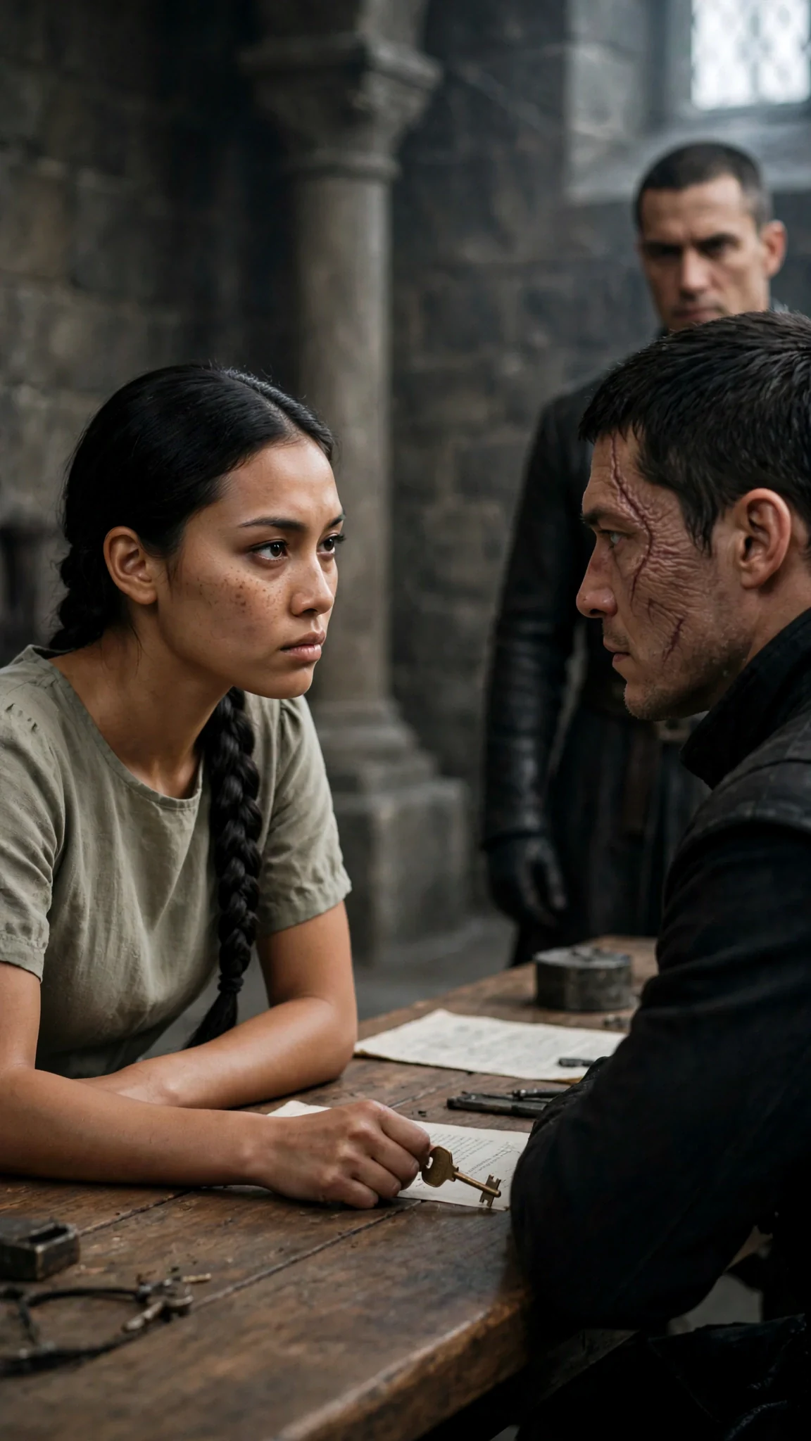 The heroine grips the key and meets the Alpha's cold stare before the paywall.