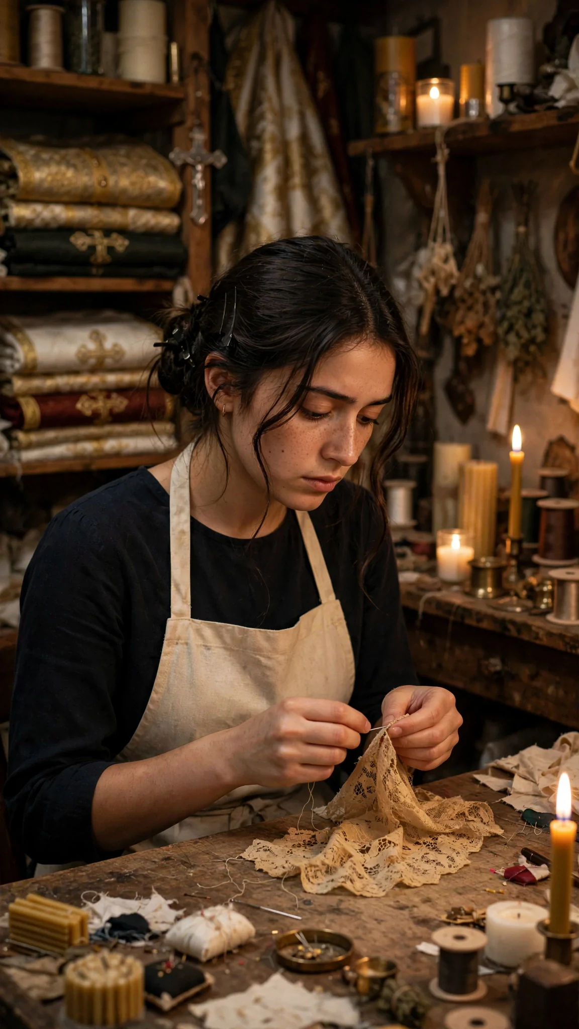 A young woman sews worn lace in a cramped workroom by candlelight.