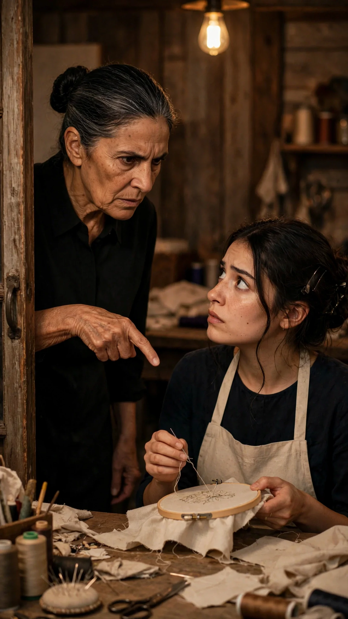 A severe older woman in a doorway orders a younger woman to stop working.