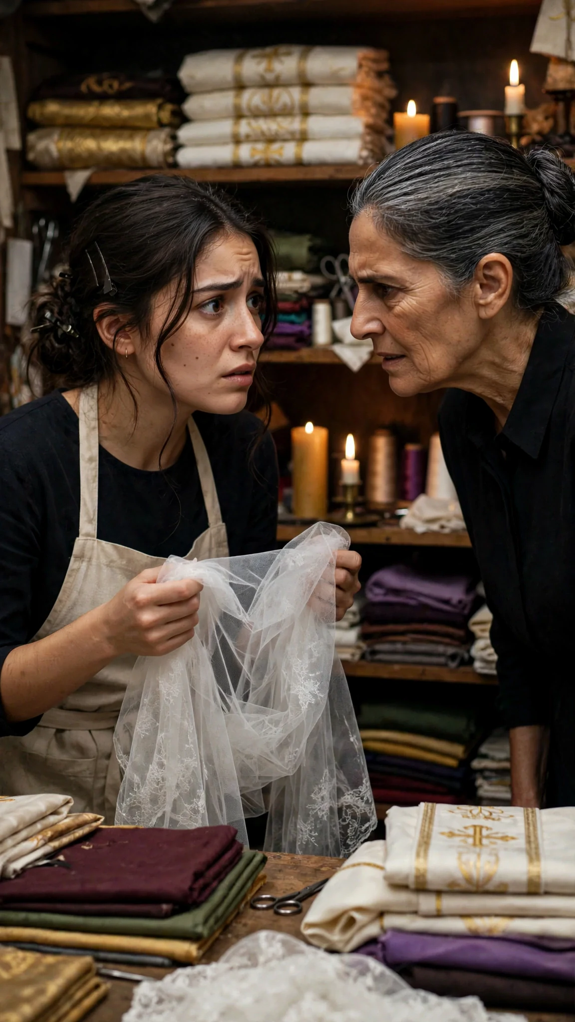 The young woman stands, worried, as the older woman speaks coldly.