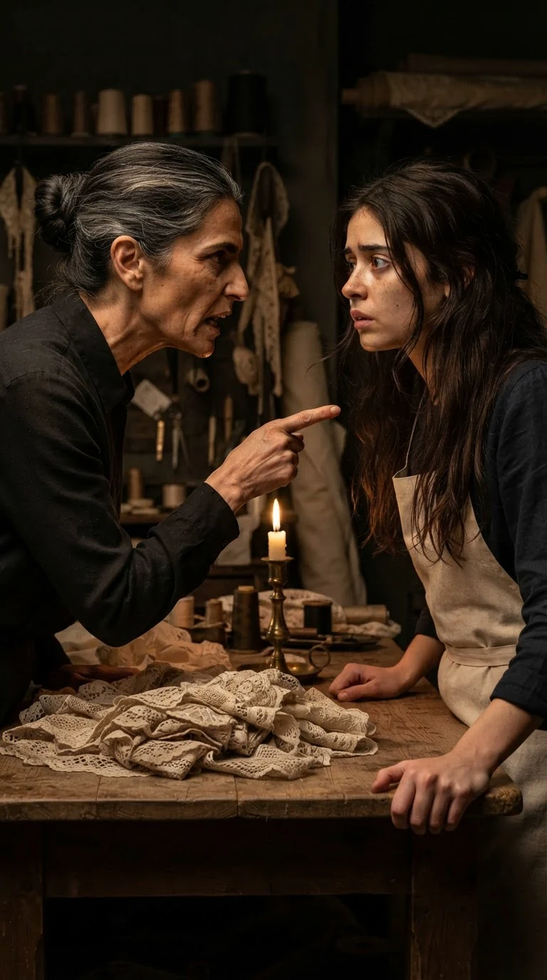 The older woman snaps at the younger one, whose face is stricken.