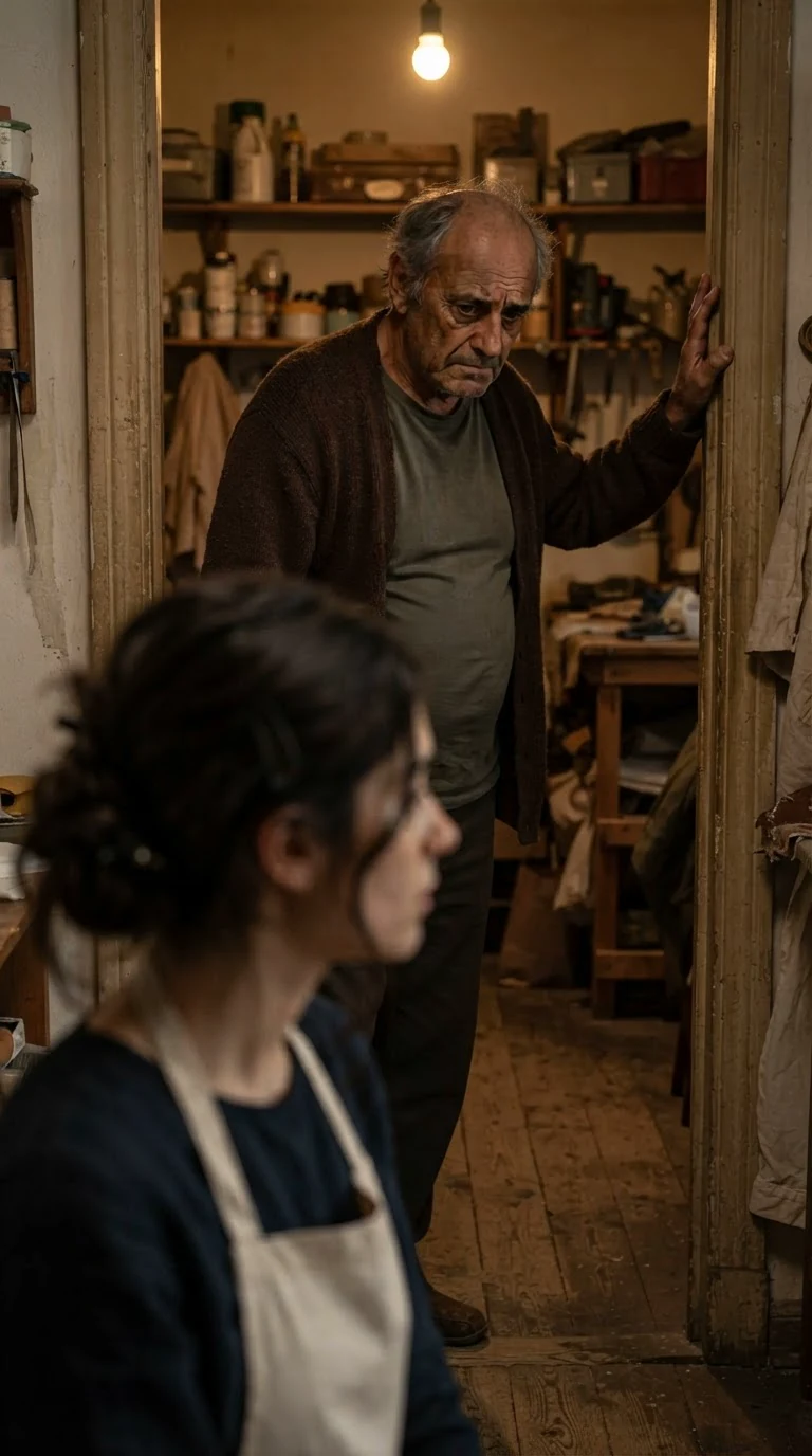 A tired older man in a cardigan stands in the doorway avoiding her eyes.