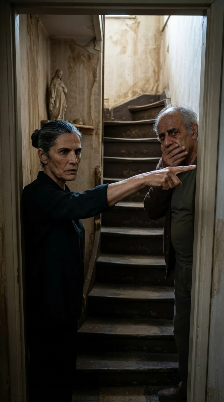 The older woman blocks the doorway and points toward the stairs.