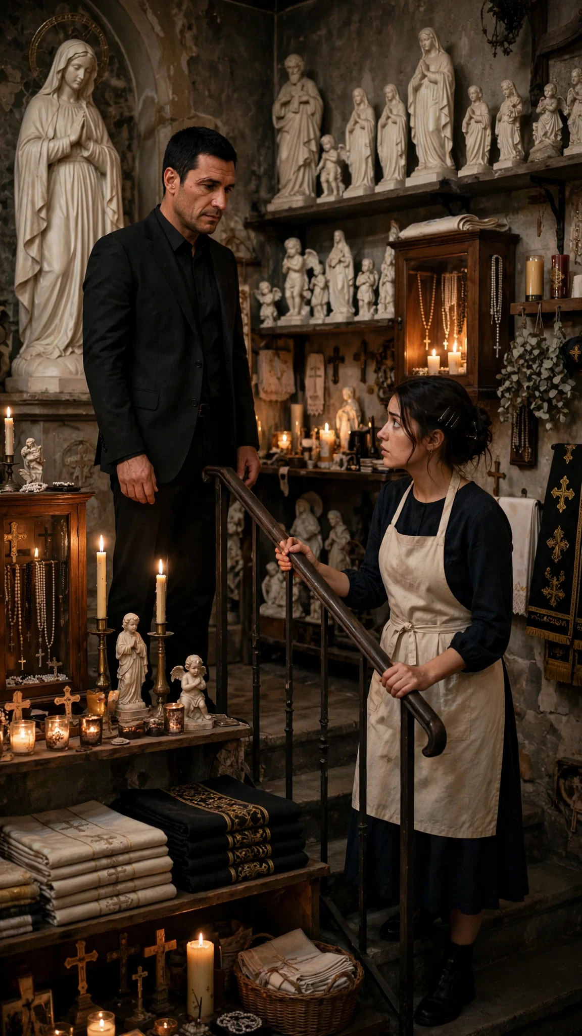A tall man in a black suit stands in the shop before a statue, facing a young woman on the stairs.