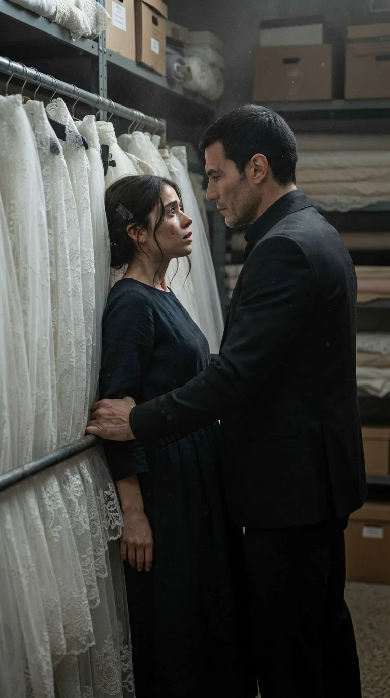 He pushes her back against the veil shelves and pins her wrist.