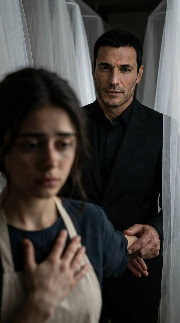 He keeps speaking, calm and brutal, while she listens in horror.