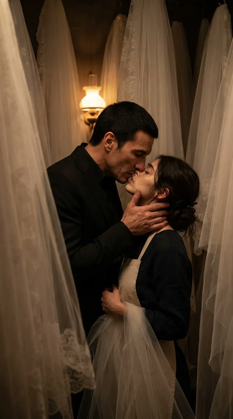 He kisses her mouth against the veil shelves and she does not turn away.