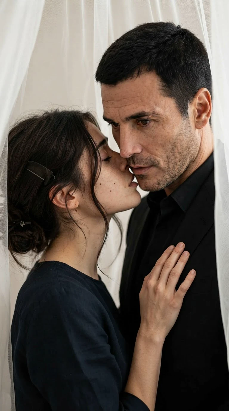 Her hand rests on his chest instead of pushing him away, and she leans in.