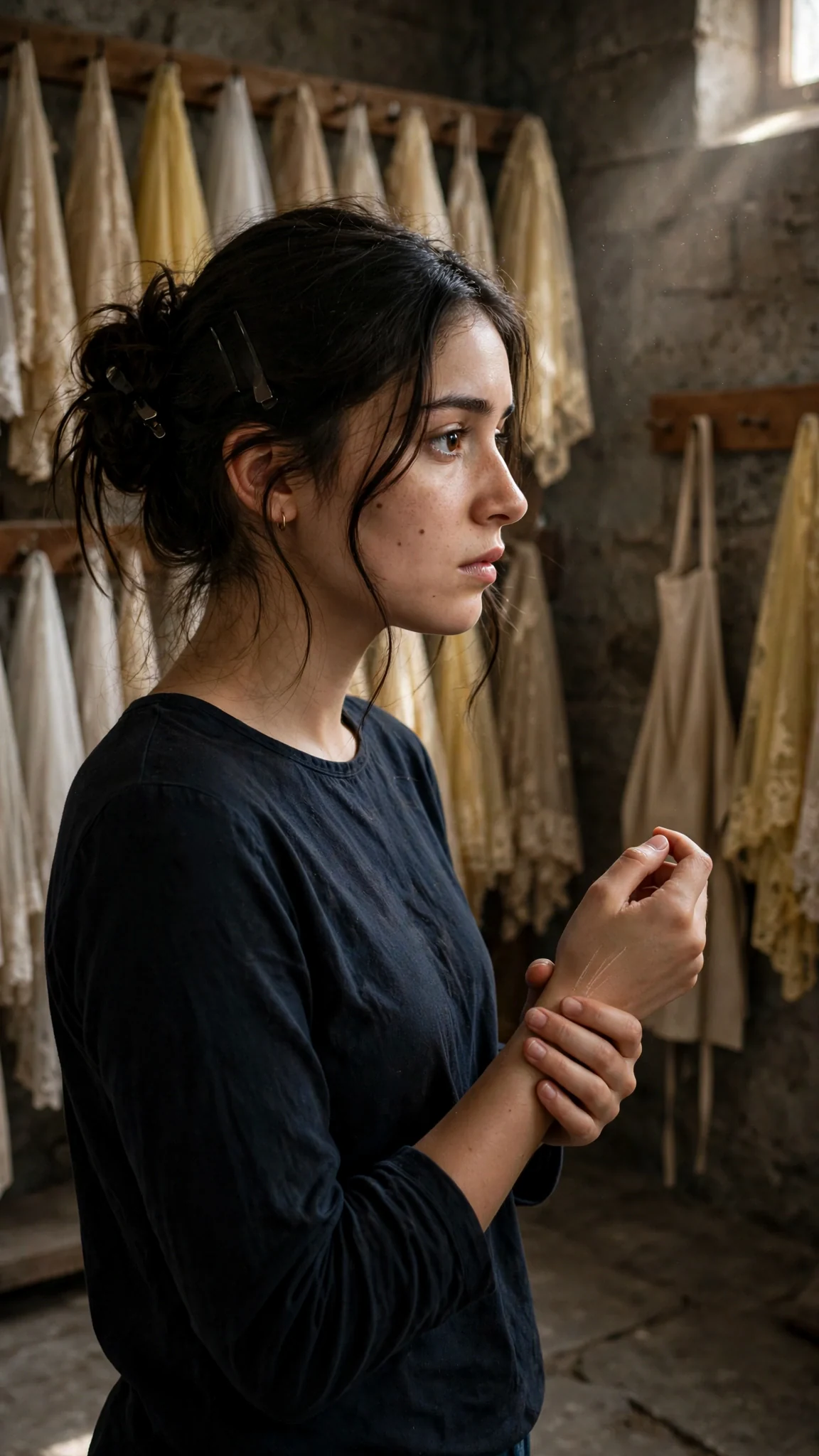 She stands alone in the storeroom with her marked wrist, staring at the hanging veils.
