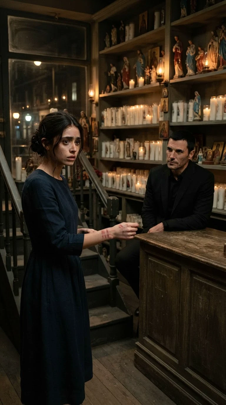 A young woman in a dark blue dress stands at the bottom of a stair with red finger marks on her wrist while a man in a black suit sits behind a shop counter.