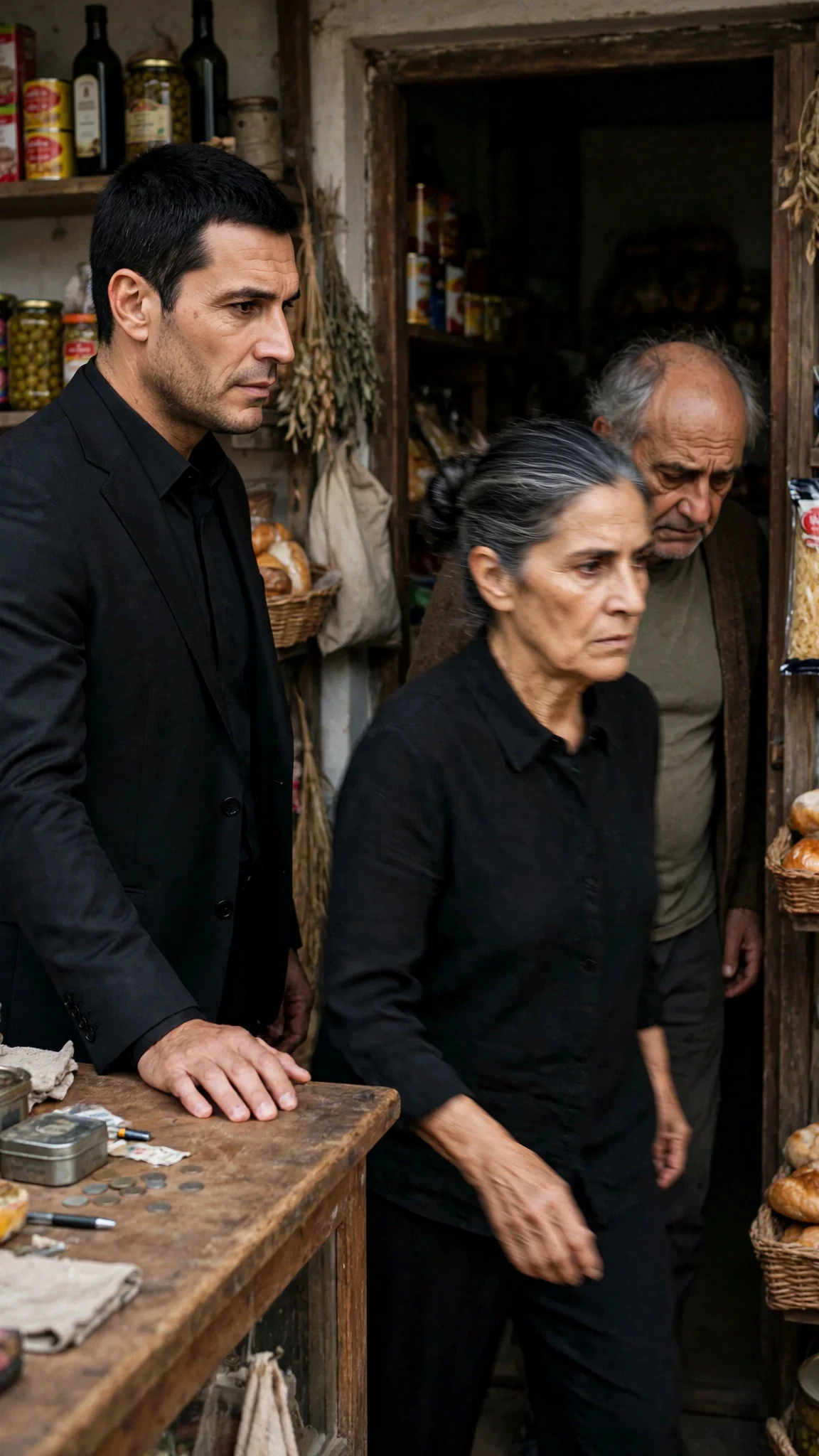 An older woman with a tight bun and a soft-bellied older man in a cardigan come out of a back room while the man at the counter watches.