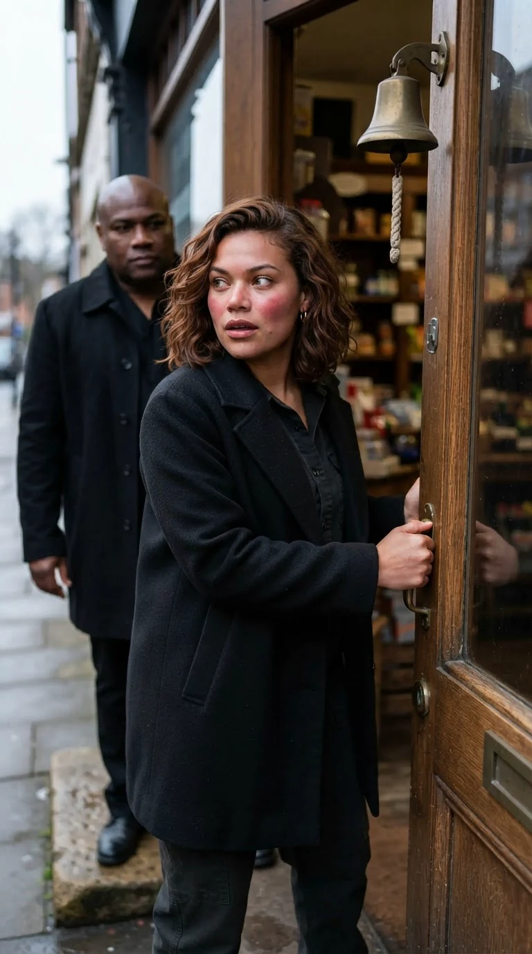 A curvy young woman in an open coat bursts into the shop, cheeks red from cold, looking alarmed.